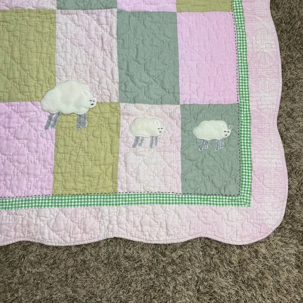 Baby Toddler Quilt Sheep Applique Pink Green Patchwork Gingham Nursery 50x35